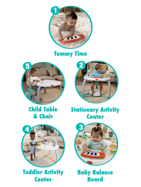 Tiny Love 5-in-1 Stationary Activity Center, 5 Modes of use: Tummy time,  Activity Center, Baby Balance Board, Toddler Activity Table, Child Table  and