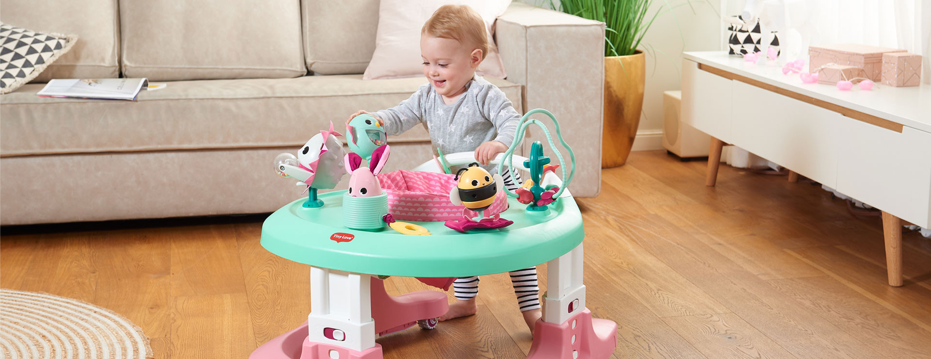 Used as a stationary activity center, push along, jumper or walker