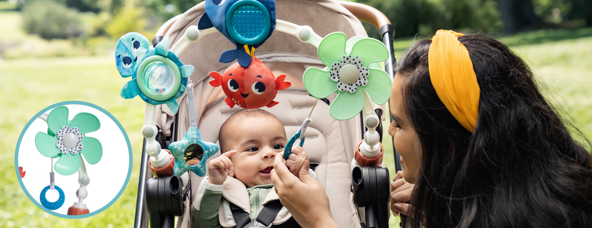 Baby-activated propeller spins when baby pulls the handle, supporting cognitive development