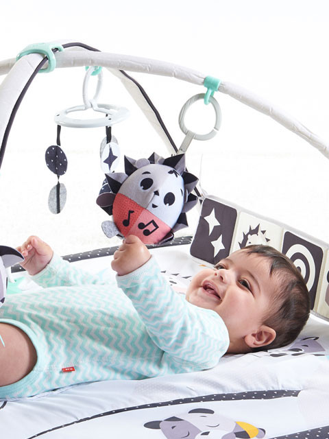 Easily change position of toys with sliding rings to moderate stimulation