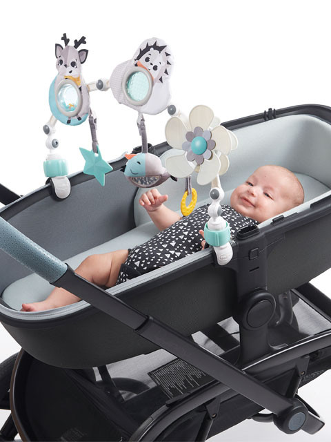 Attaches to most bassinets, for engaging playtime while on-the-go.